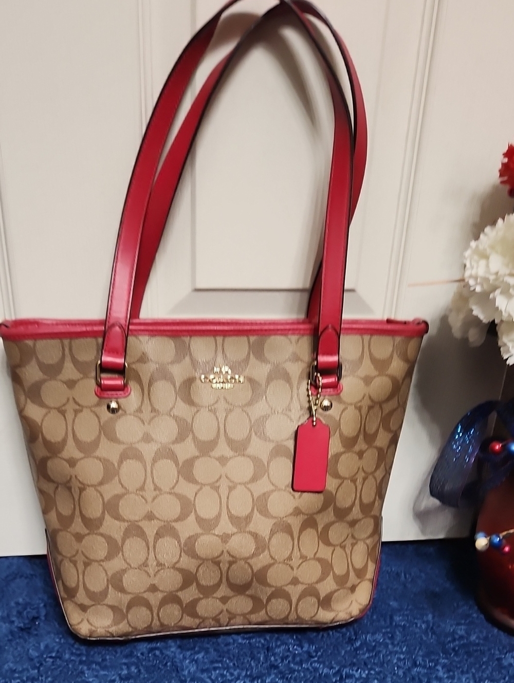 Coach Beige Signature Tote with Red Trim and Handles
